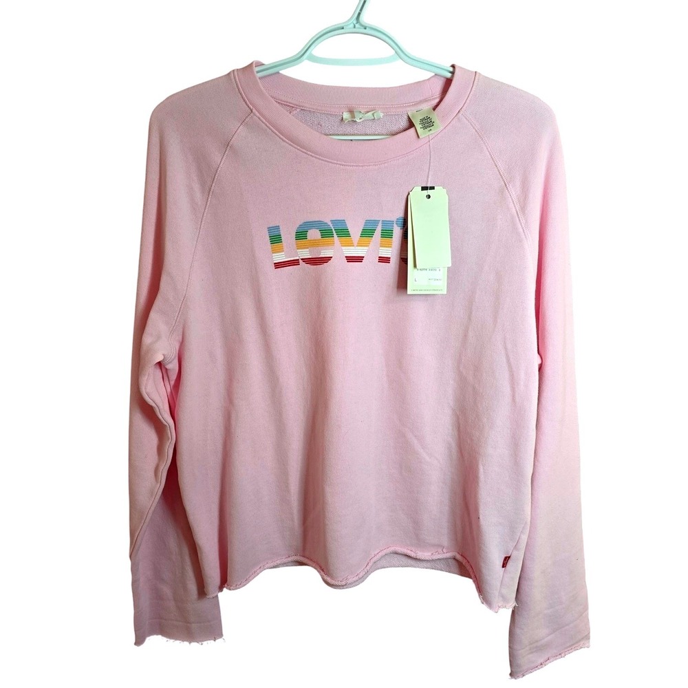 Levis‎ Womens Pink Rainbow Striped Logo Sweatshirt Raw Hem Cotton Large NEW